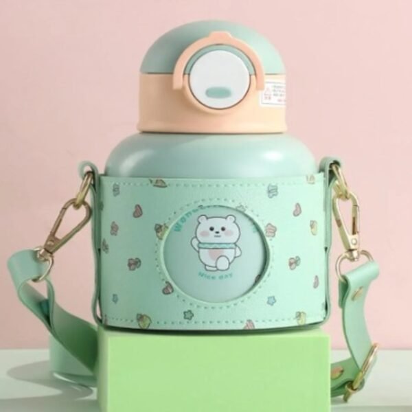 insulated kids bottle with strap green color with decorative background