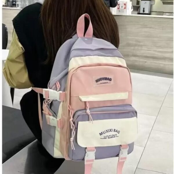 Korean style kids backpack girl hanging on shoulder with decorative background