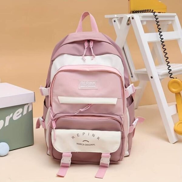 Korean style kids backpack on decorative pink color background.