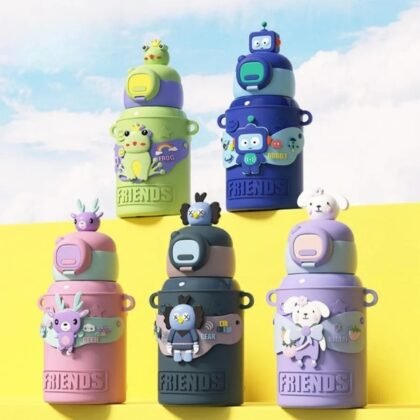 Stainless Steel Insulated water Bottle with Silicone Sleeves and Strap | Cute Cartoon Character Decorative Sipper for Kids | 450 Ml | Assorted Colors | Box Packing