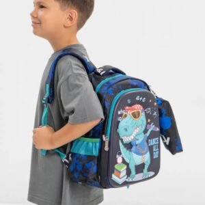 Dino print 3D backpack on boys shoulder on white background