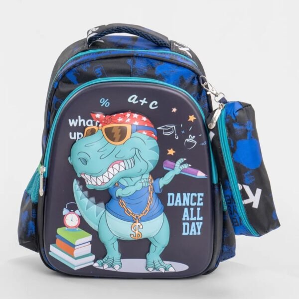 3D Backpack for kids Dino printed with pencil pouch on white background