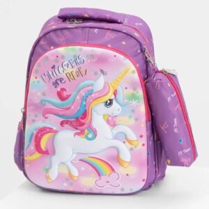 Unicorn printed backpack with pencil pouch on white background