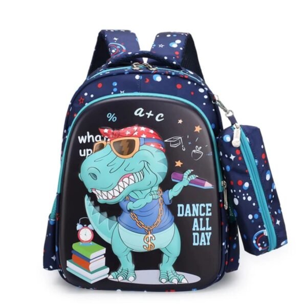 Dino print backpack with pencil pouch on white background