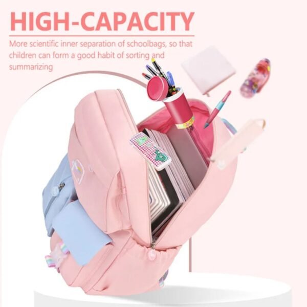 High capacity backpack for kids on pink background