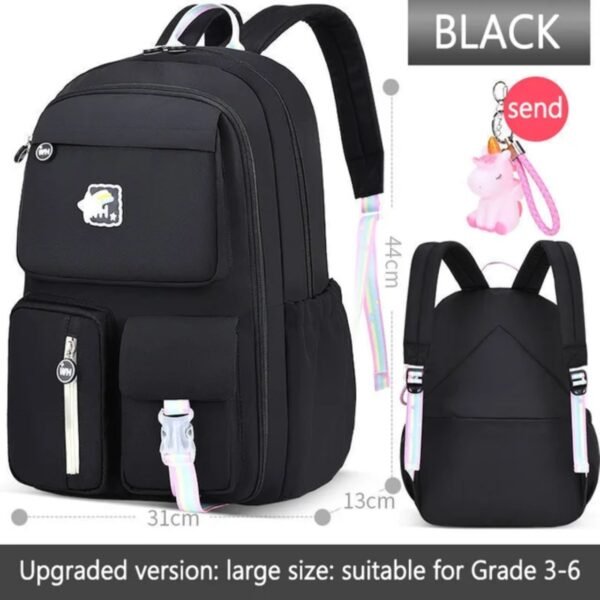 Black color kids backpack on white background