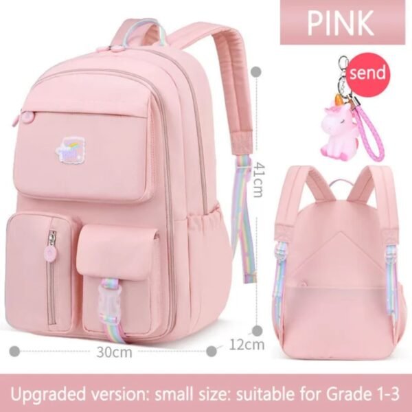 Pink color school bag for kids on white background