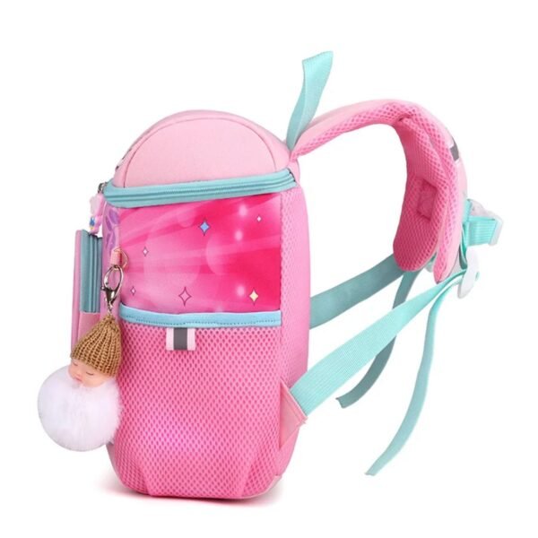 Side view of backpack showing bottle holder on white background