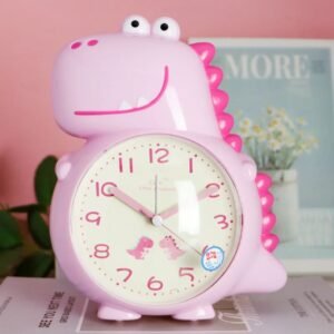 dinosaur shaped alarm clock pink color on decorative background