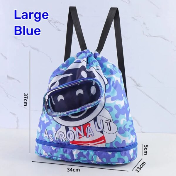 Blue color swimming bag with it's size on decorative background