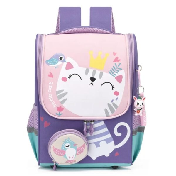 Purple color backpack with cat print on it on white background