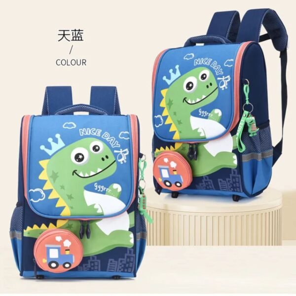 Dino print blue color kids backpack podium on colorful background