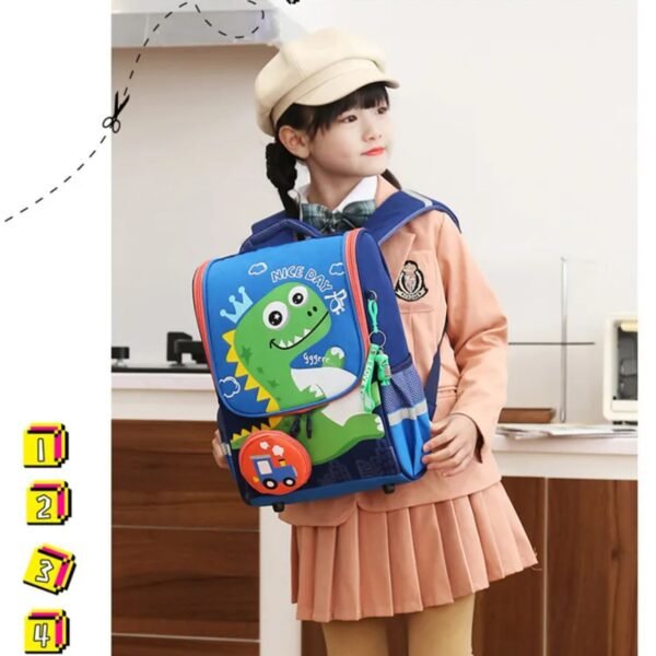 Girl hanging printed school bag on shoulders