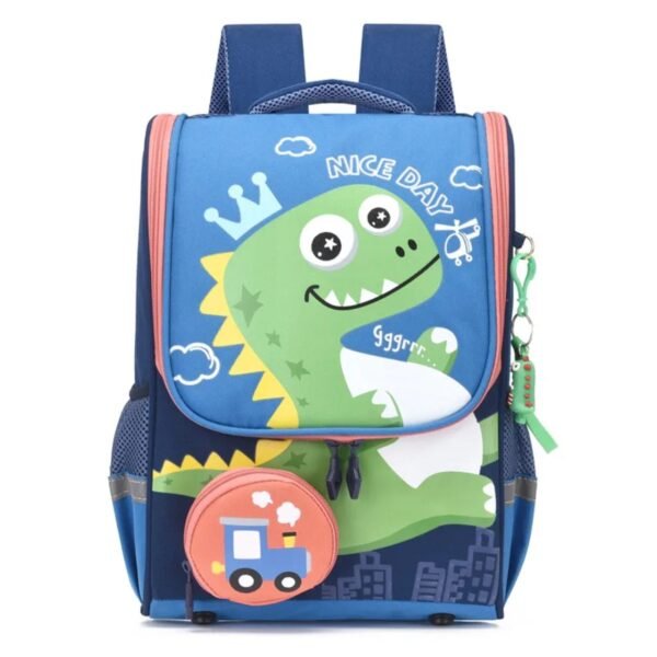 BLue color dino print school backpack on white background