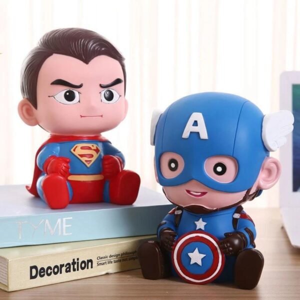Cute Superheroes piggy bank on decorative background