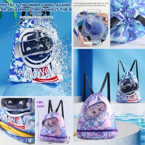 Collage of kids backpack swimming bag