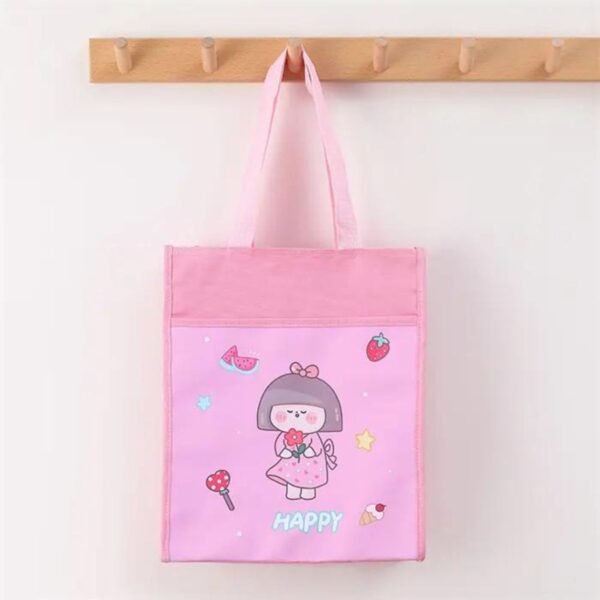 Pink color kawaii character printed shopping bag on hanger