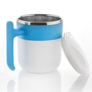 steel coffee mug open cap blue color on white background