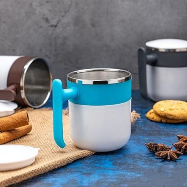 steel coffee mug mix color on decorative background
