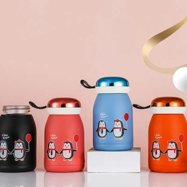 Penguin Glass Water Bottle different colors on decorative background