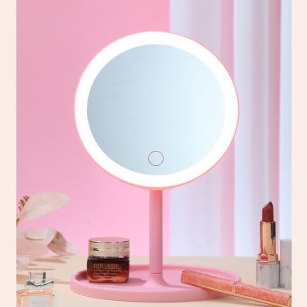 LED Make-Up Mirror pink color on decorative background