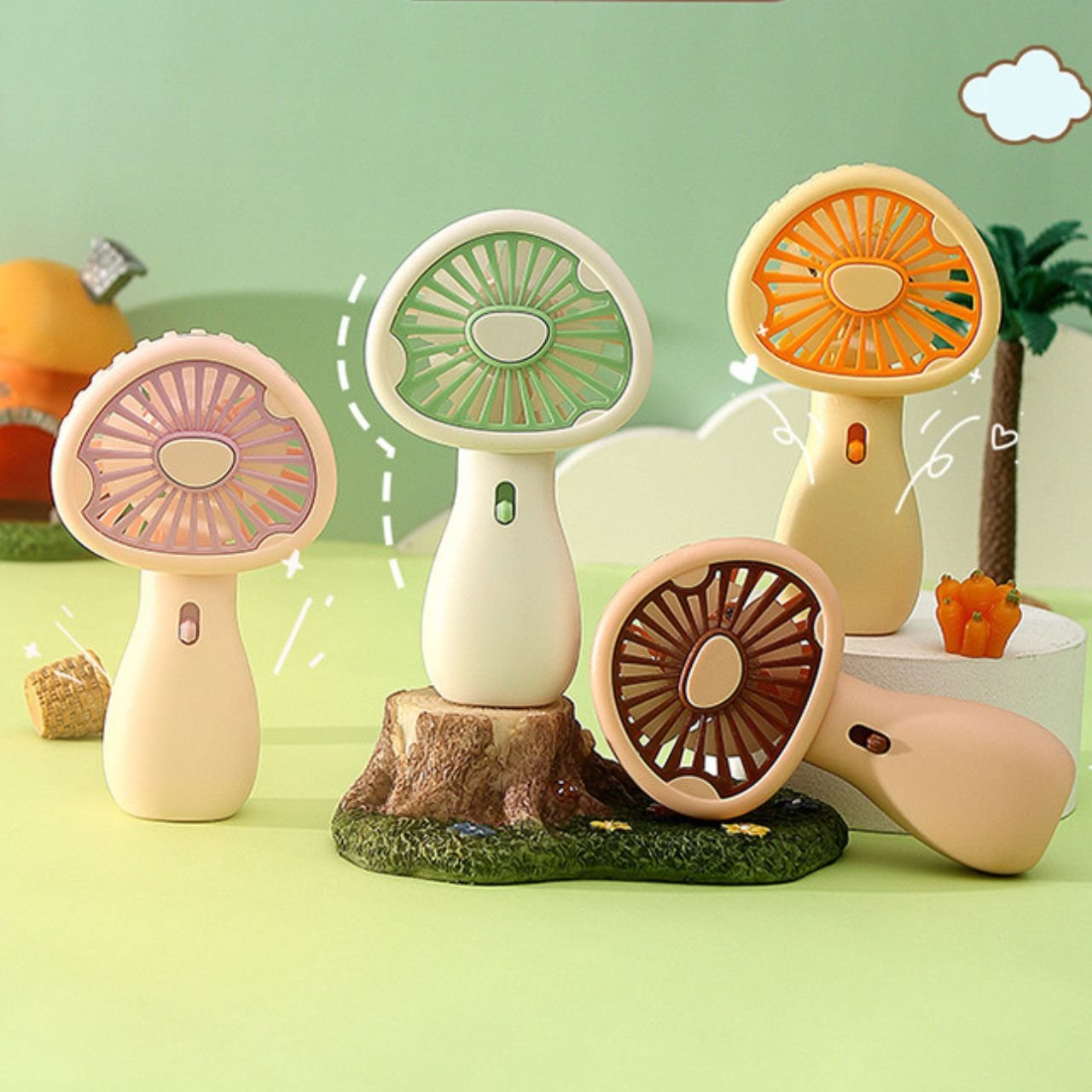 Cute Mushroom Hand Fan Different Colors on Decorative Background