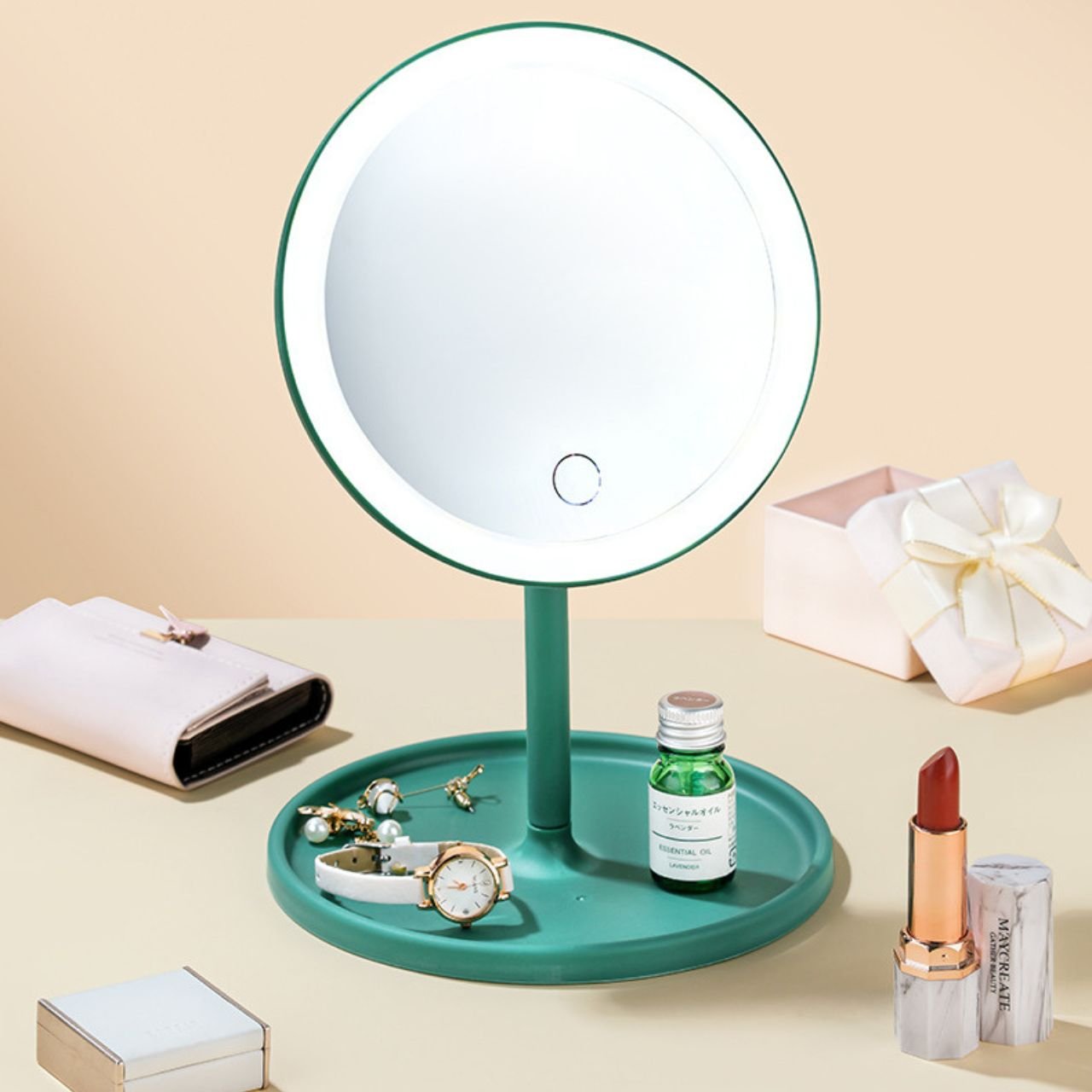 LED Make-Up Mirror green color on decorative background