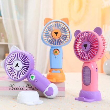 Cartoon Design Hand fan for Kids | with Mobile Stand Base & Rechargeable | Assorted Colors | Box Packing