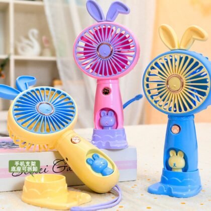 Cute Rabbit Ear Mini Hand Fan with Mobile Phone Stand | USB Rechargeable & Portable | Assorted Colors & Box Packing