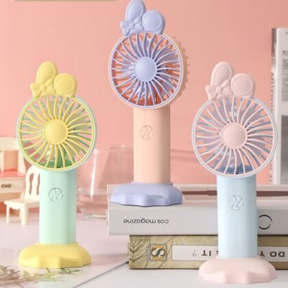 Cute Cartoon Small Hand fan for Kids | with USB Cable & Mobile Phone Stand | Rechargeable & Portable | Assorted Colors | Box Packing