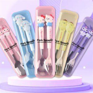 Kawaii Theme Spoon & Fork different colors on decorative background