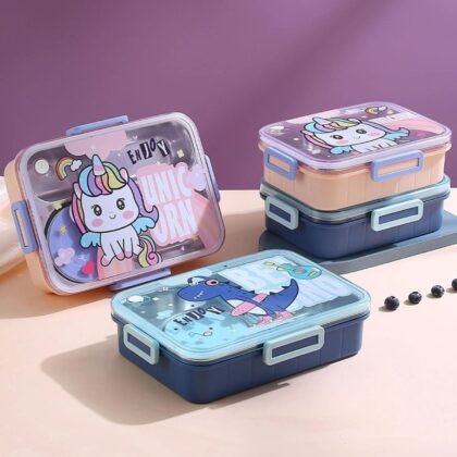 Stainless Steel Cartoon Printed 4 Compartment Lunch Box | Leak-Proof | Assorted Colors & Prints | Box Packing