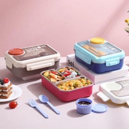 Stainless Steel 3 Compartment Lunch Box with Spoon & Fork | Leak-Proof | Assorted Colors | Box Packing