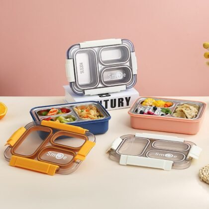 Stainless Steel 3 Compartment Lunch Box with Spoon & fork | Secure Lock & Leak-Proof | Assorted Colors | Box Packing