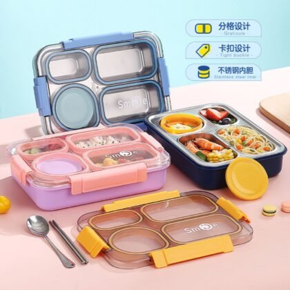 Stainless Steel Four Compartment Lunch Box | Secure Lock & Leak-Proof | Assorted Colors | Box Packing