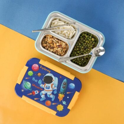 Printed 3 Compartment Lunch Box with Spoon & fork Set | Secure Lock & Leak-Proof | Assorted Colors | Box Packing