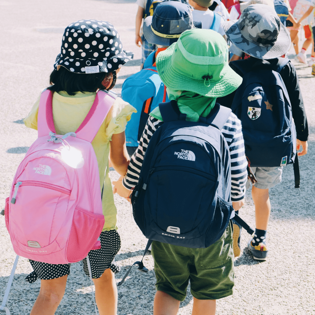 Backpacks on kids shoulders going to school