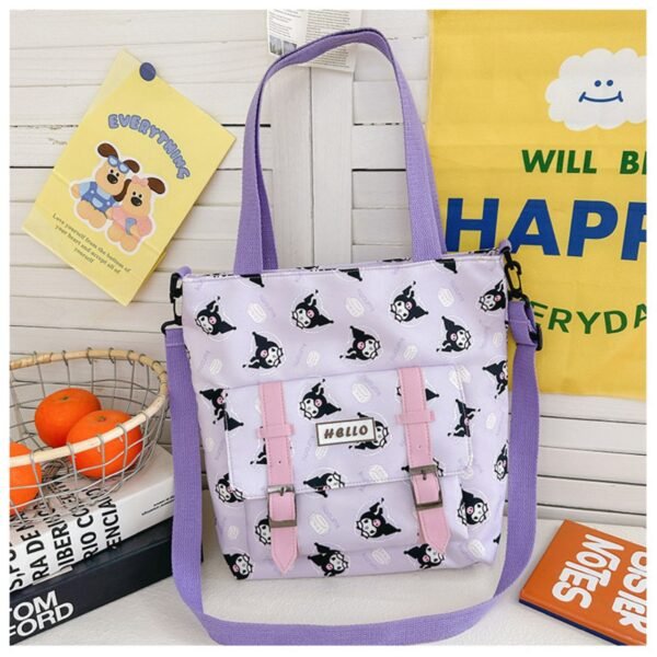 Sanrio print purple color tote bag on decorative background with adjustable strapq