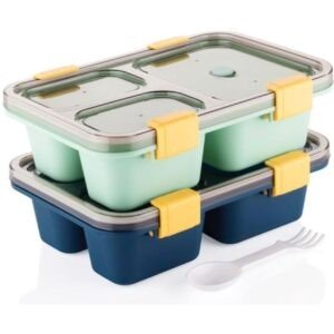 2 pcs of 3 compartment plastic lunch box 1000Ml Capacity. Green and navy blue color with spoon and fork set on white background