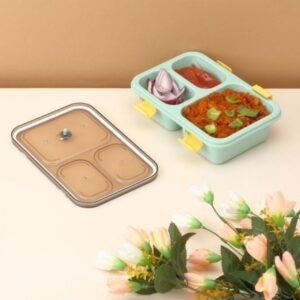 3 compartment lunch box having capacity of 1000ml filled with food, lunch with it's leak proof lid on decorative background with flowers