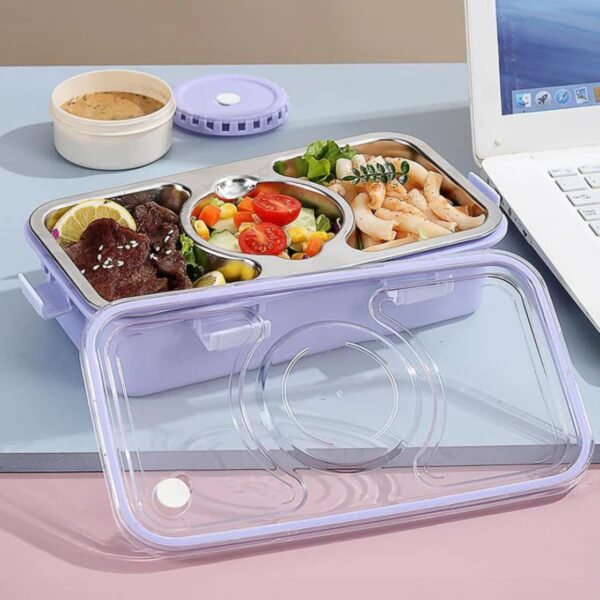 Stainless Steel Bento Leakproof Lunch Box with Spoon, Chopstick & Sauce Bowl | Cartoon Printed | Assorted Colors | Box Packing - Image 2