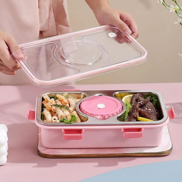 Stainless Steel Bento Leakproof Lunch Box with Spoon, Chopstick & Sauce Bowl | Cartoon Printed | Assorted Colors | Box Packing - Image 3