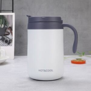 A sleek, white stainless steel travel mug a dark gray lid and handle. The mug has the words 'Hot & Cold' printed on the side and appears to be insulated.