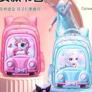 Two colorful backpacks for kids. The pink one features a unicorn driving a car, and the blue one has Elsa from Frozen in a car. Elsa in the background.