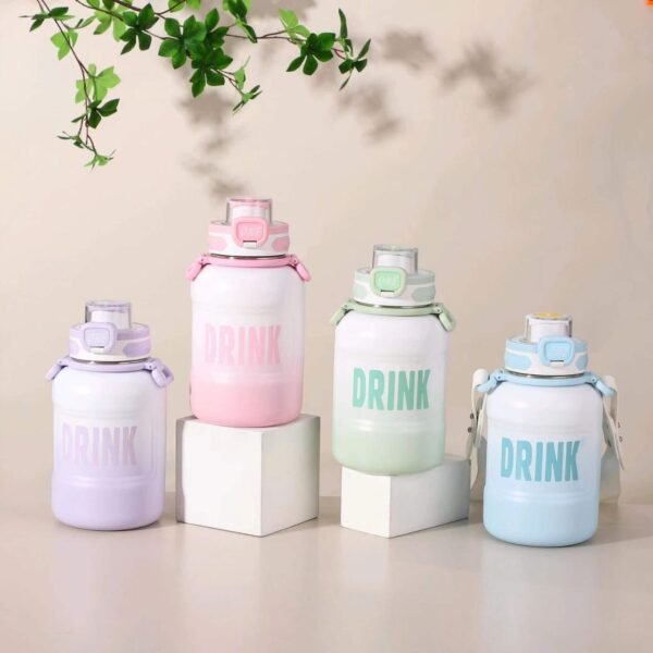 Pastel-colored leak proof water bottles with flip-top lids and "DRINK" text, ideal for gym, school. or everyday hydration.