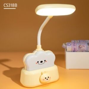 Kids yellow LED table lamp with cuter cloud and rabbit design, perfect for bedrooms and study desks. Set against yellow background