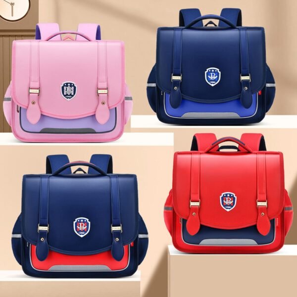 Four identical backpacks in different colors (Pink, Light Blue, Dark Blue and Red) arranged symmetrically on a light colored surface