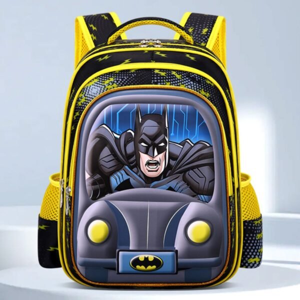 A black backpack with a yellow lightning bolt pattern and a 3D image of Batman driving a car.