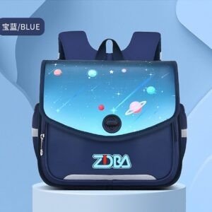 Zoba school Backpack featuring a vibrant blue design with planets, stars and shooting stars. Perfect for kids who love space.