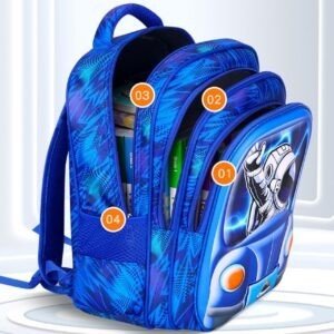 A blue backpack with a 3D image of an astronaut driving a car. The backpack has four numbered compartments for easy organizations.